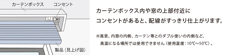 カーテンボックス内や窓の上部付近にコンセントがあると、配線がすっきり仕上がります