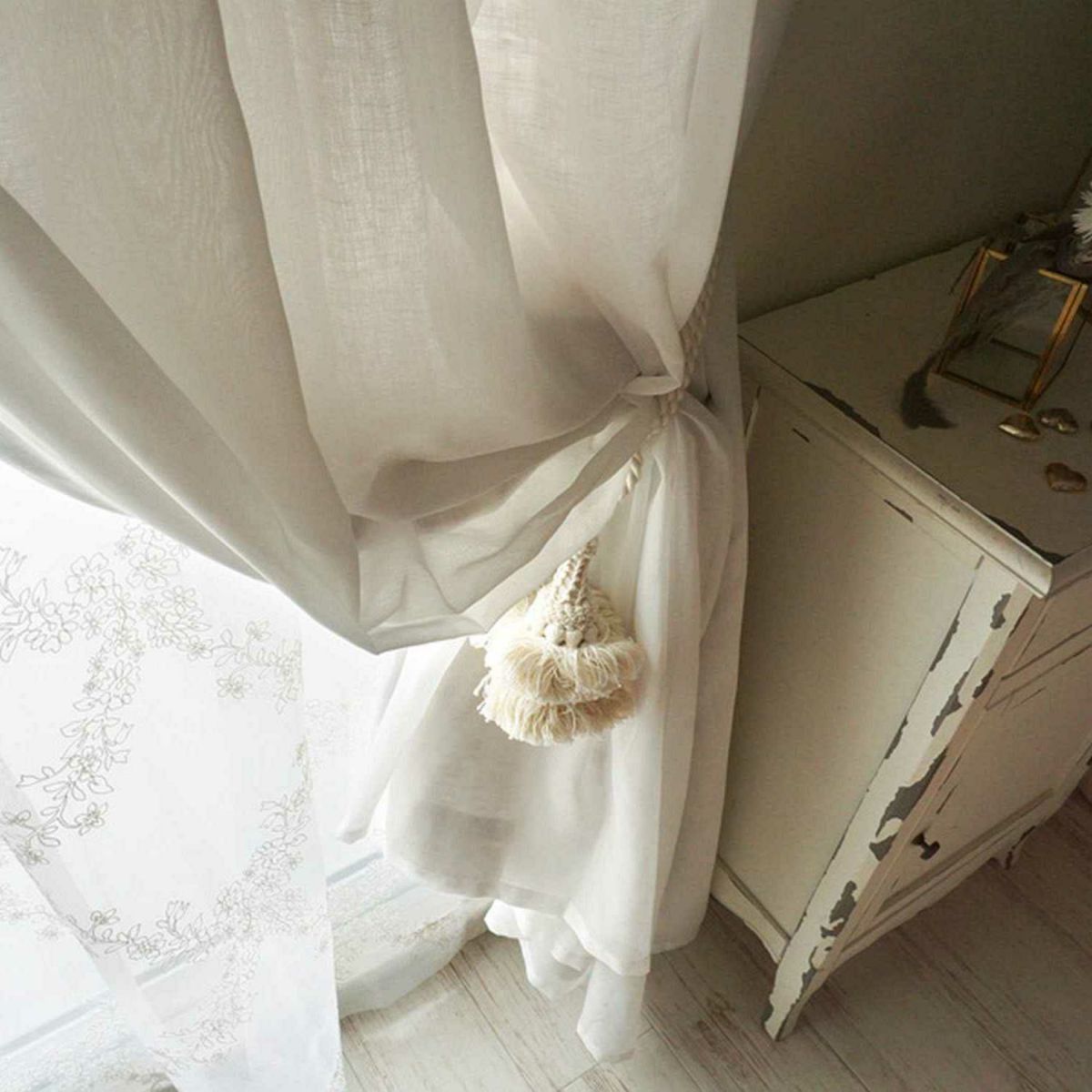 リネン100％の厚地＋レースの一体型オリジナルカーテン＜パステルリーノ　グレー×シフォン＞