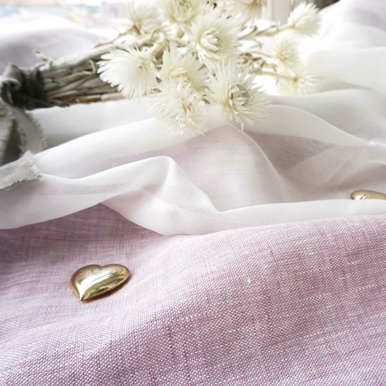 リネン100％の厚地＋レースの一体型オリジナルカーテン＜パステルリーノ　モーブ×シフォン＞