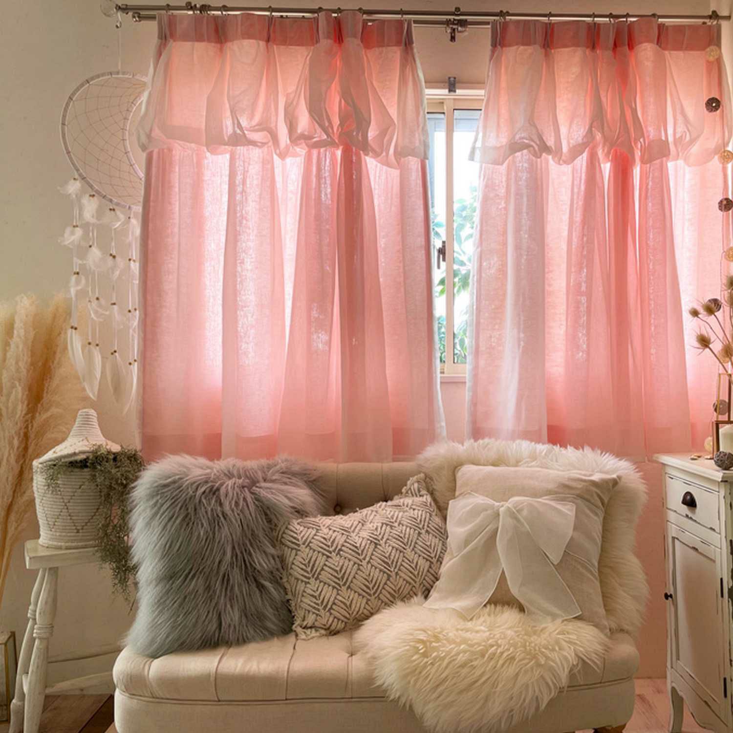 リネン100％の厚地＋レースの一体型オリジナルカーテン＜パステルリーノ　ピンク×シフォン＞