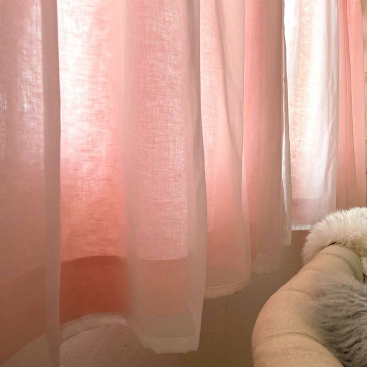 リネン100％の厚地＋レースの一体型オリジナルカーテン＜パステルリーノ　ピンク×シフォン＞