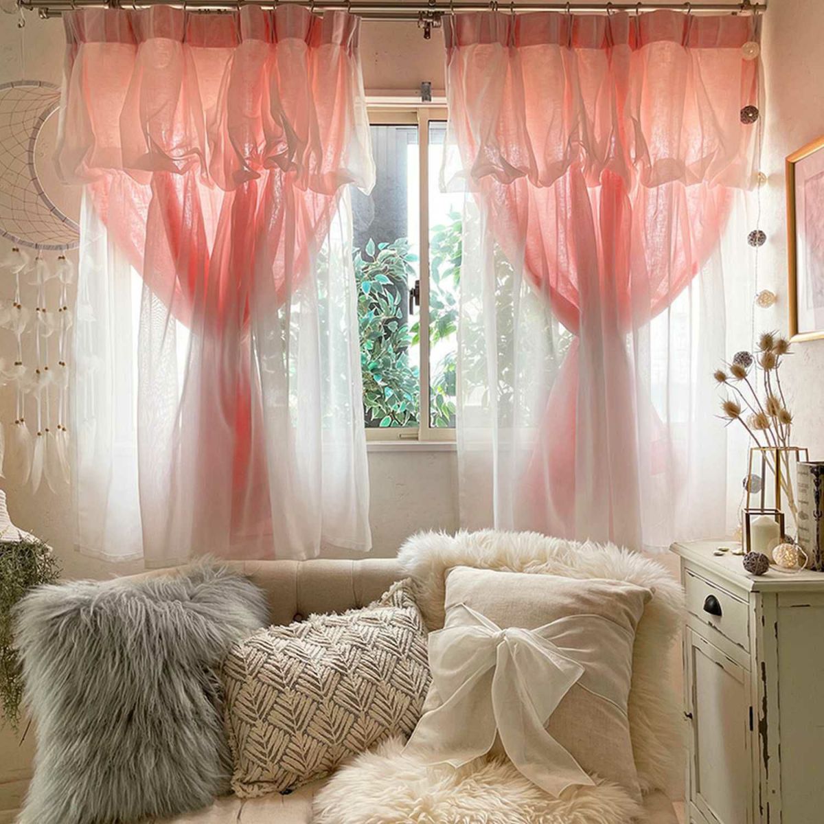 リネン100％の厚地＋レースの一体型オリジナルカーテン＜パステルリーノ　ピンク×シフォン＞