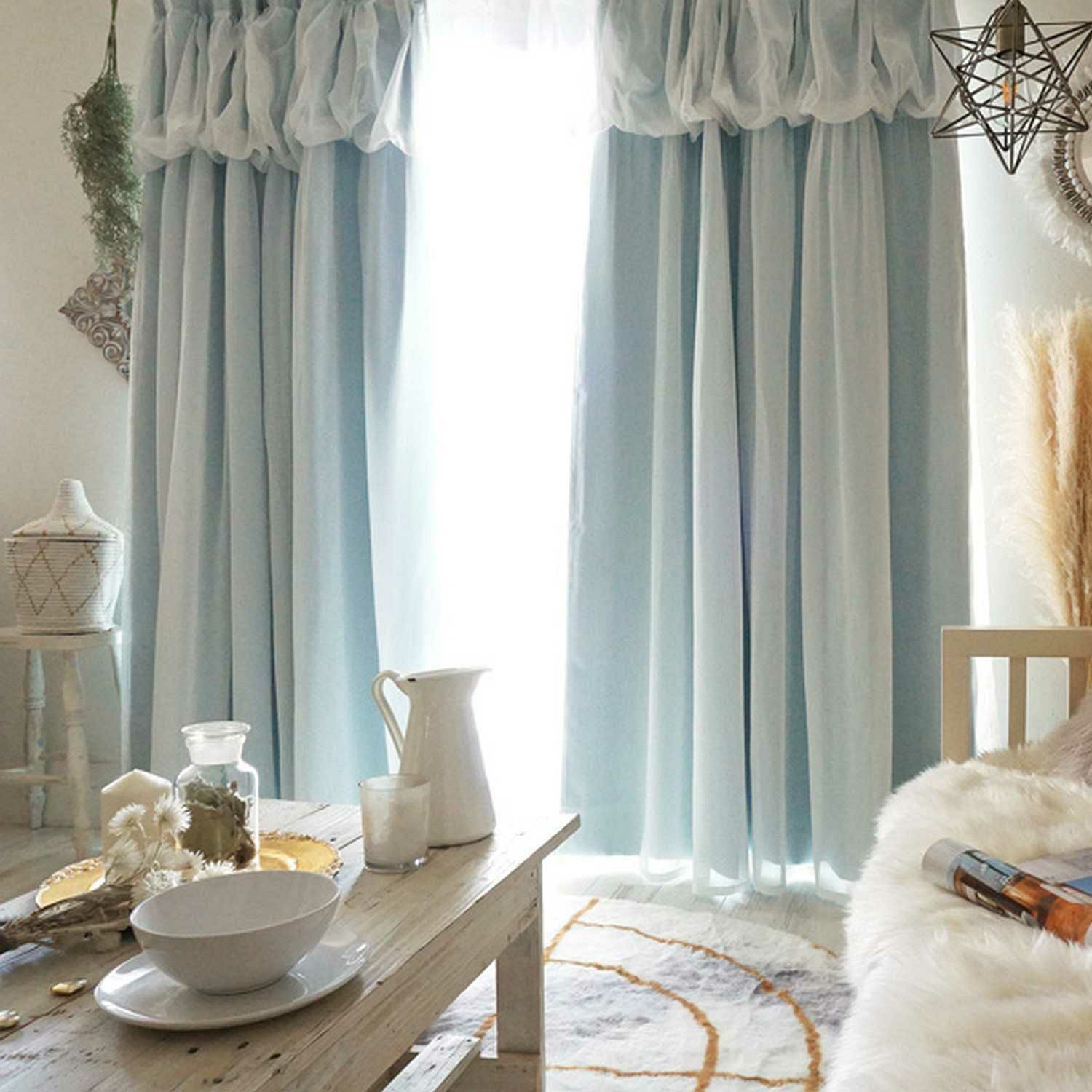 遮光1級厚地＋レースの一体型オリジナルカーテン＜ハニーココ　ミルキーブルー×シフォン＞