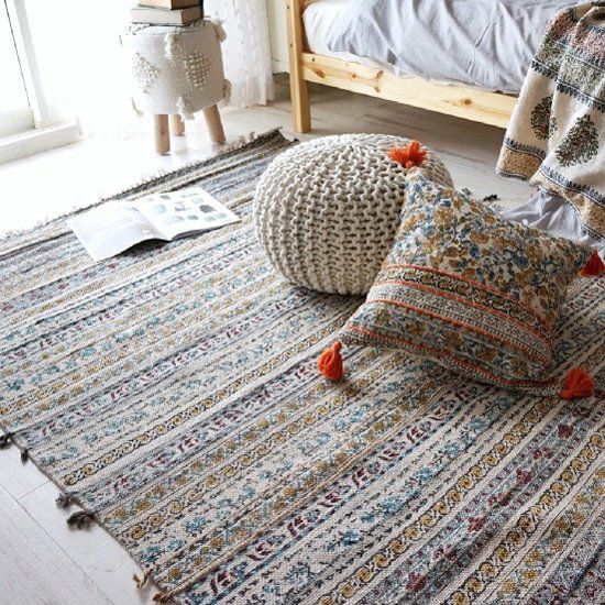 美品 ハンドブロックプリント インドラグ 140×200 ナチュラル デザイン